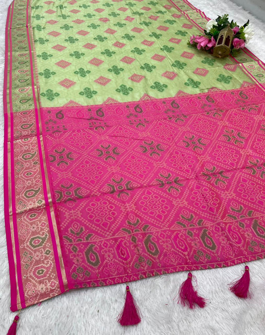 AJ-PATAN PATOLA COTTON SILK SAREE WITH PATOLA WEAVING DESIGN WITH CONTRAST PALLU AND BLOUSE WITH MEENAKARI WORK AND LUXURY TASSELS