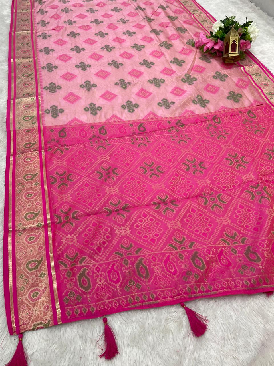 AJ-PATAN PATOLA COTTON SILK SAREE WITH PATOLA WEAVING DESIGN WITH CONTRAST PALLU AND BLOUSE WITH MEENAKARI WORK AND LUXURY TASSELS