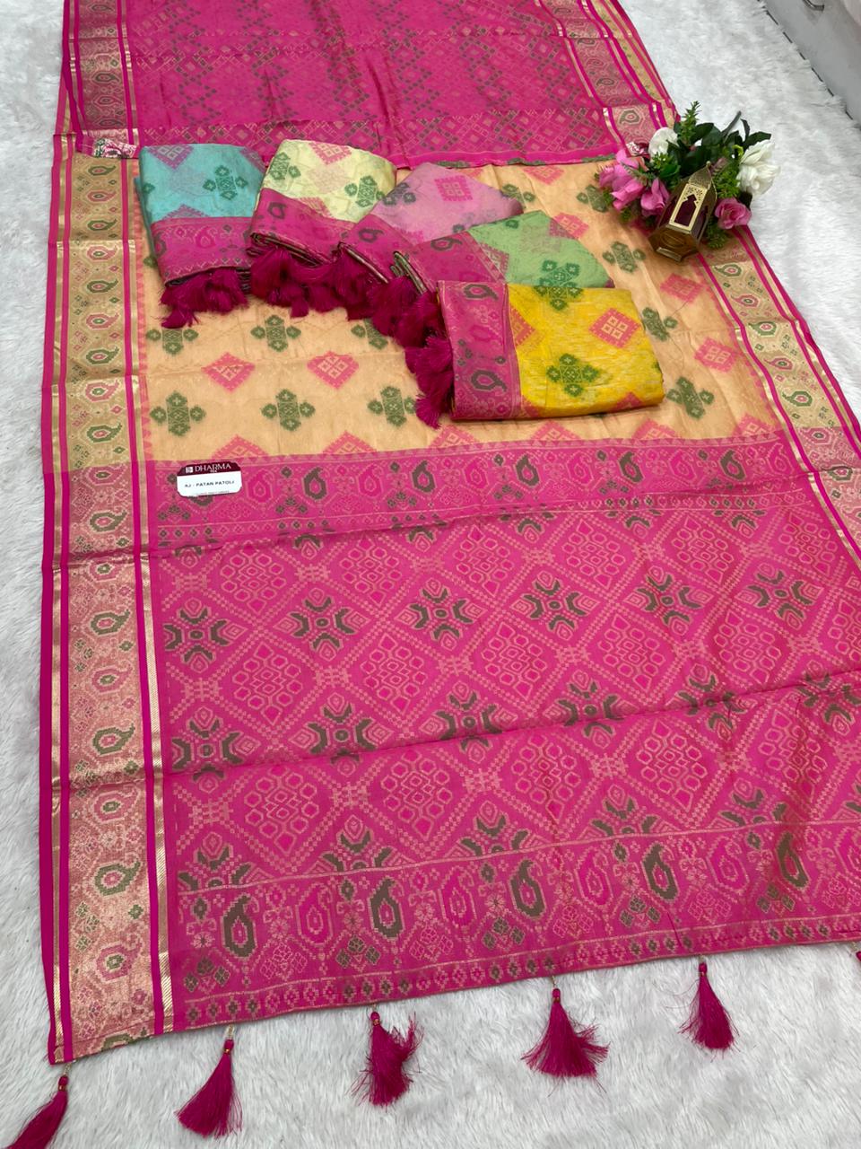 AJ-PATAN PATOLA COTTON SILK SAREE WITH PATOLA WEAVING DESIGN WITH CONTRAST PALLU AND BLOUSE WITH MEENAKARI WORK AND LUXURY TASSELS