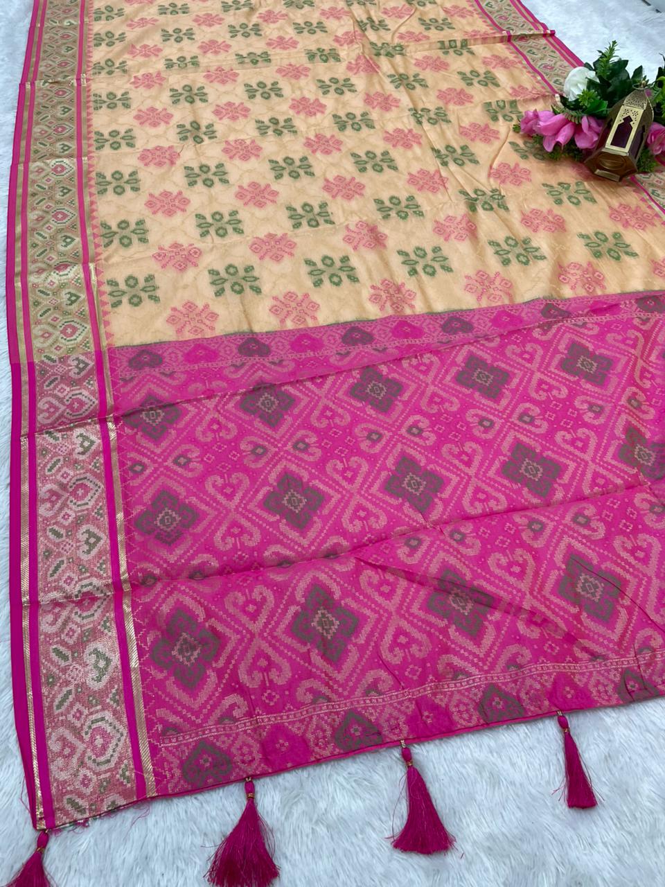 AJ-RICH PATOLA COTTON SAREE WITH BEAUTIFUL MEENAKARI WORK WITH BEAUTIFUL DESIGN WITH LUXURY TASSELS WITH BLOUSE