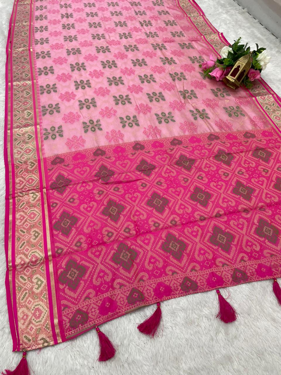AJ-RICH PATOLA COTTON SAREE WITH BEAUTIFUL MEENAKARI WORK WITH BEAUTIFUL DESIGN WITH LUXURY TASSELS WITH BLOUSE