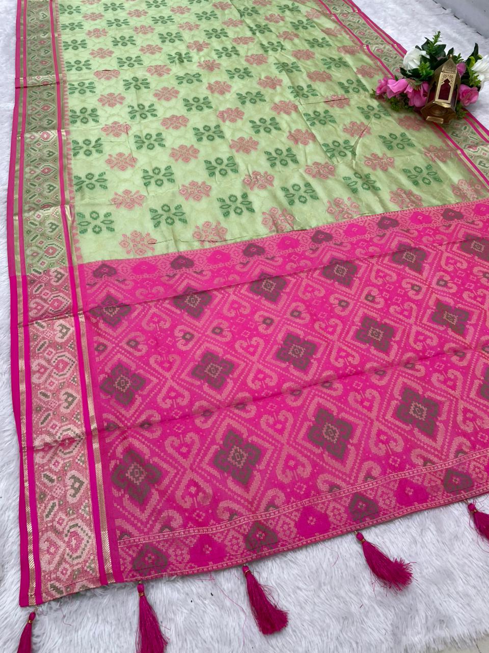 AJ-RICH PATOLA COTTON SAREE WITH BEAUTIFUL MEENAKARI WORK WITH BEAUTIFUL DESIGN WITH LUXURY TASSELS WITH BLOUSE
