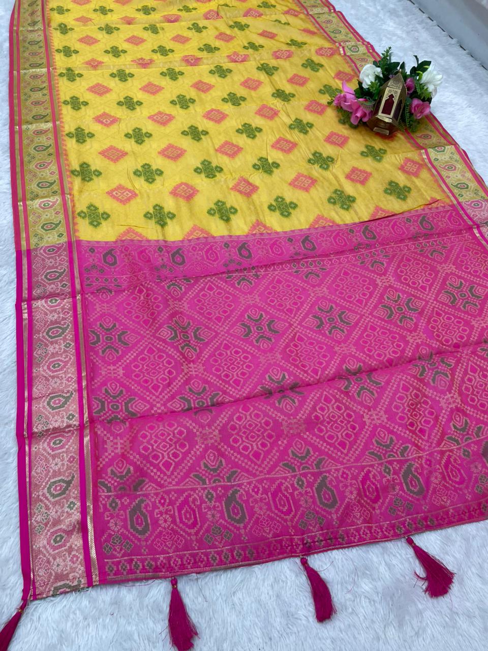AJ-RICH PATOLA COTTON SAREE WITH BEAUTIFUL MEENAKARI WORK WITH BEAUTIFUL DESIGN WITH LUXURY TASSELS WITH BLOUSE