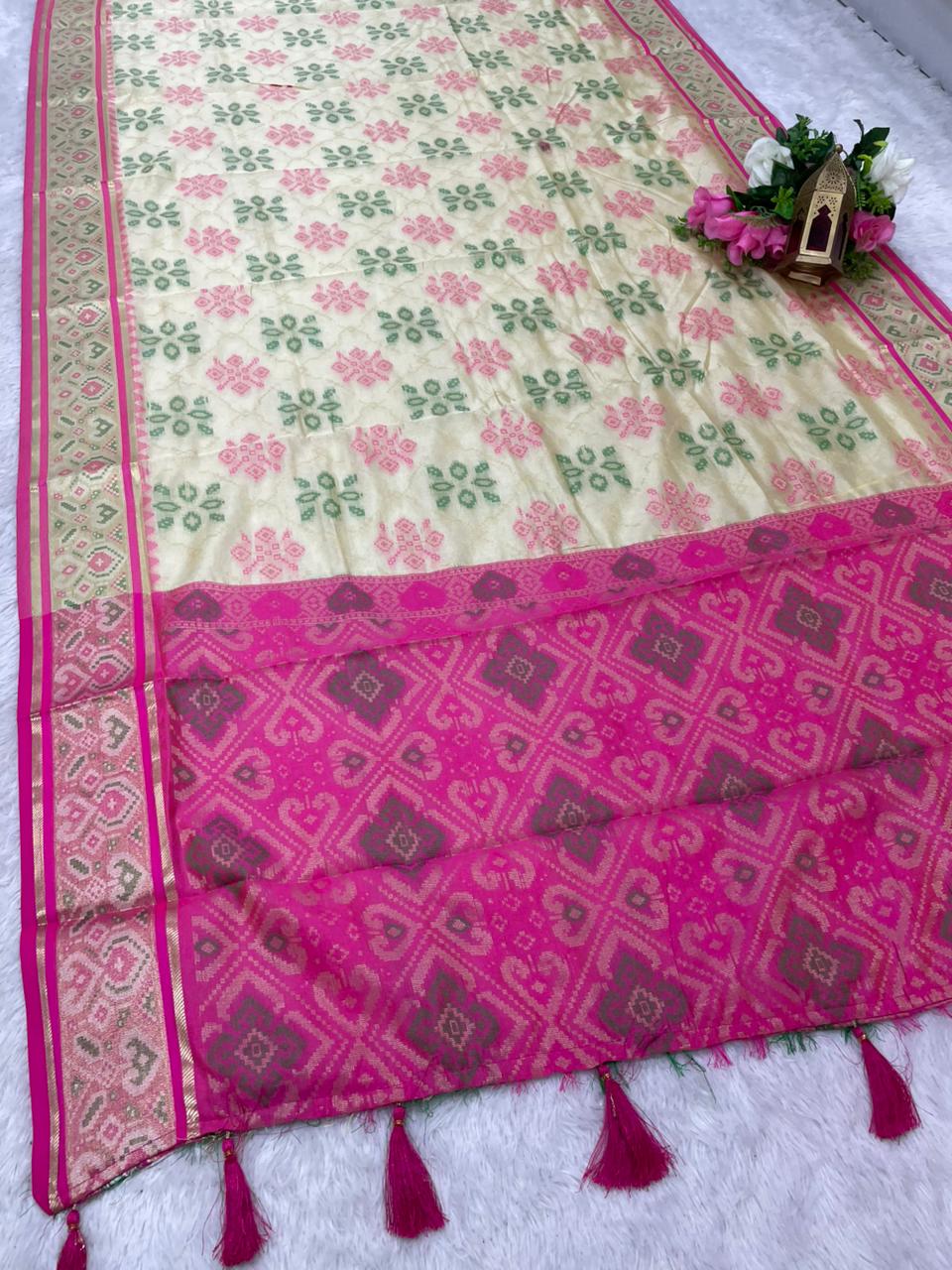 AJ-RICH PATOLA COTTON SAREE WITH BEAUTIFUL MEENAKARI WORK WITH BEAUTIFUL DESIGN WITH LUXURY TASSELS WITH BLOUSE