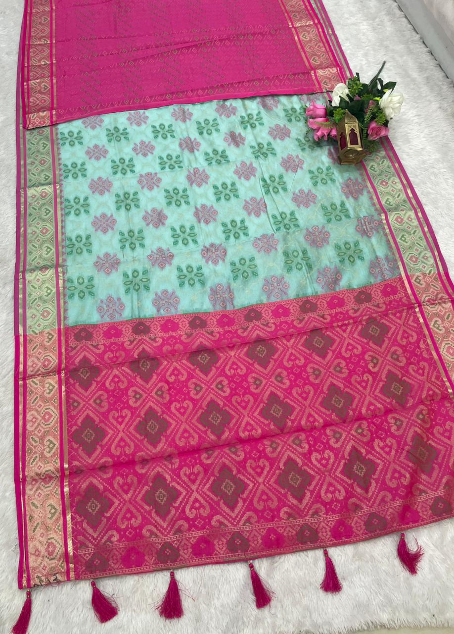 AJ-RICH PATOLA COTTON SAREE WITH BEAUTIFUL MEENAKARI WORK WITH BEAUTIFUL DESIGN WITH LUXURY TASSELS WITH BLOUSE