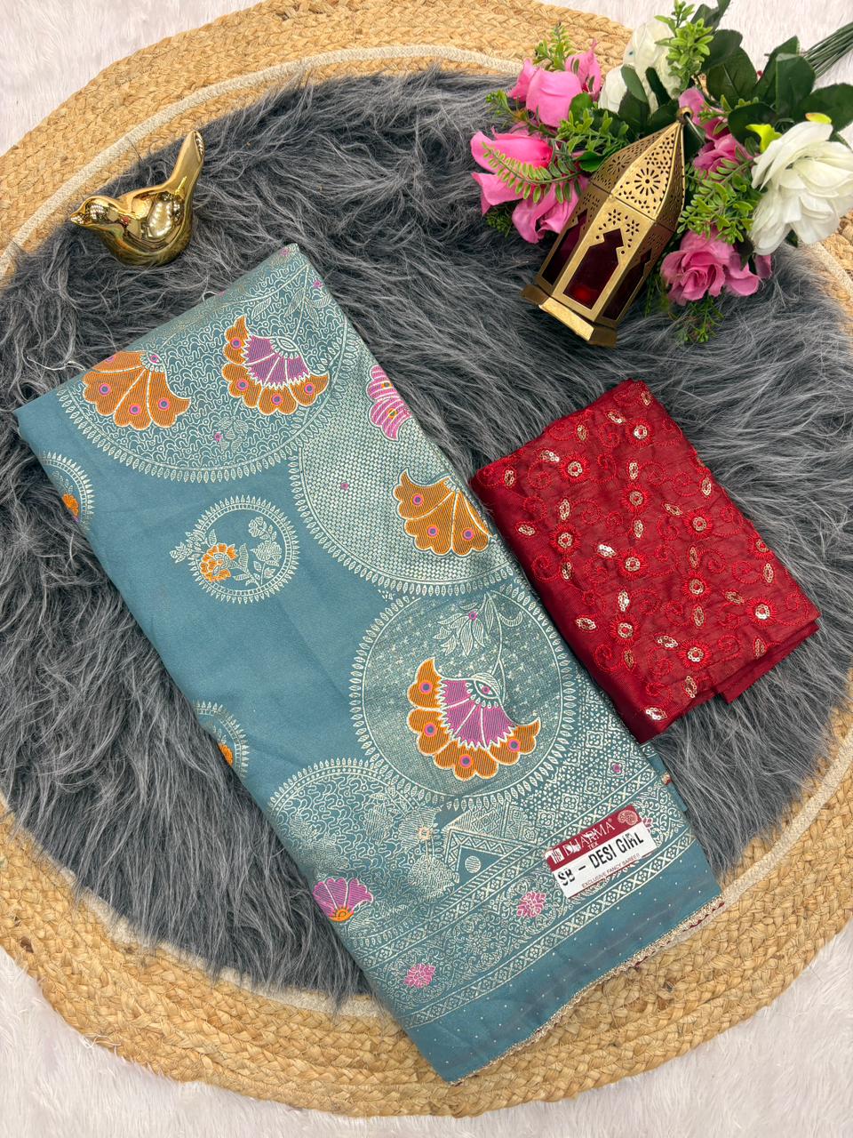 SB-DESI GIRL STAR GEORGETTE FABRIC SAREE WITH BEATIFUL PALLU AND DESIGN WITH CONTRAST BLOUSE