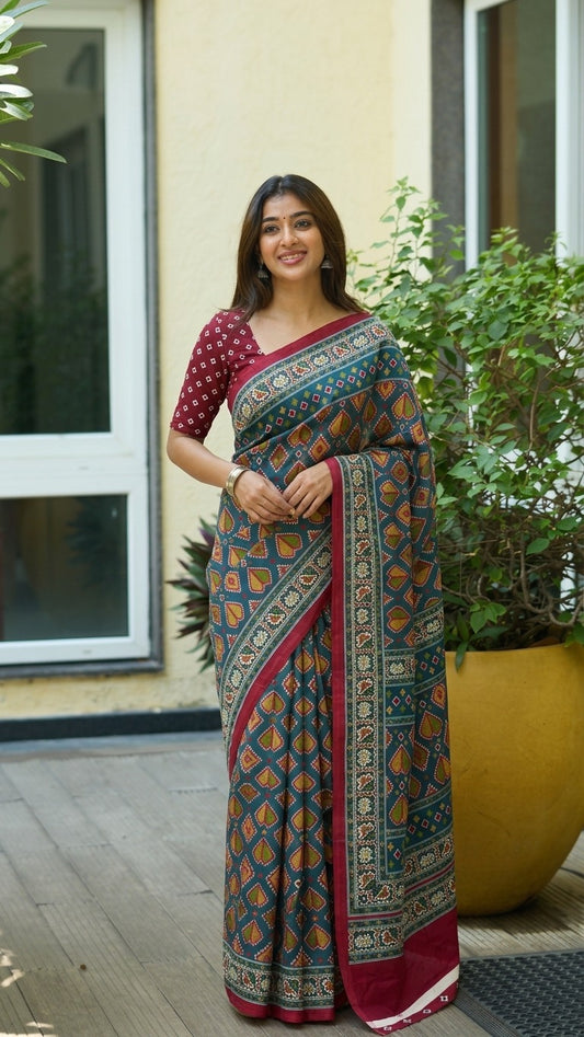 PRINT-3238 MAL COTTON SAREE WITH BEAUTIFUL PATOLA PRINT WITH FOIL WORK WITH CONTRAST BLOUSE 6.30 MTR CUT
