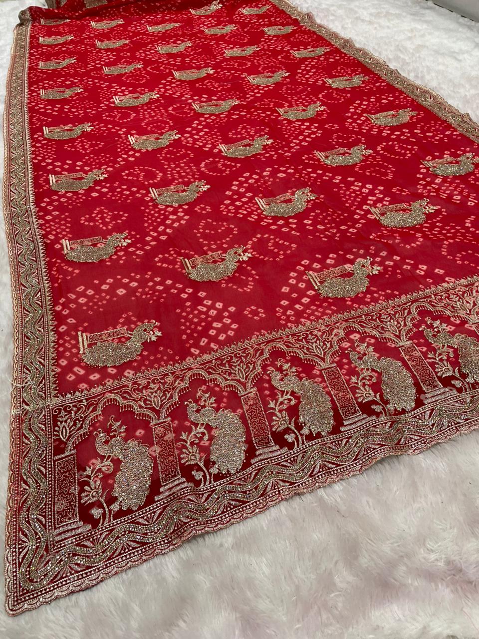 BS-GARIMA-2 BANDHANI FABRIC SAREE WITH BEAUTIFUL BANDANI DESIGN WITH EMBROIDERY WORK WITH HEAVY SIROSKI WORK WITH CONTRAST BLOUSE