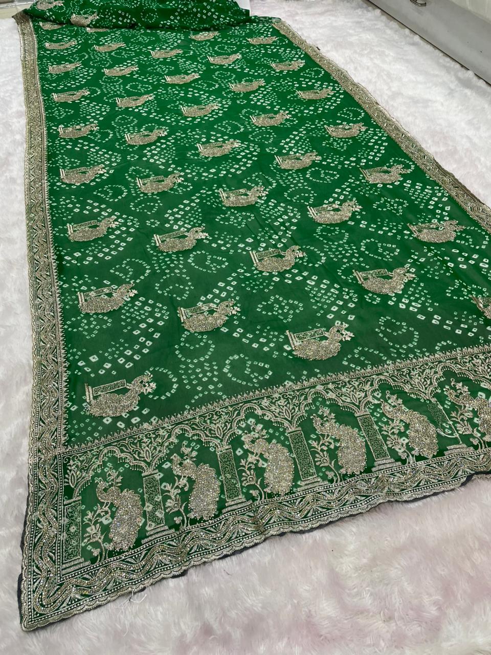 BS-GARIMA-2 BANDHANI FABRIC SAREE WITH BEAUTIFUL BANDANI DESIGN WITH EMBROIDERY WORK WITH HEAVY SIROSKI WORK WITH CONTRAST BLOUSE