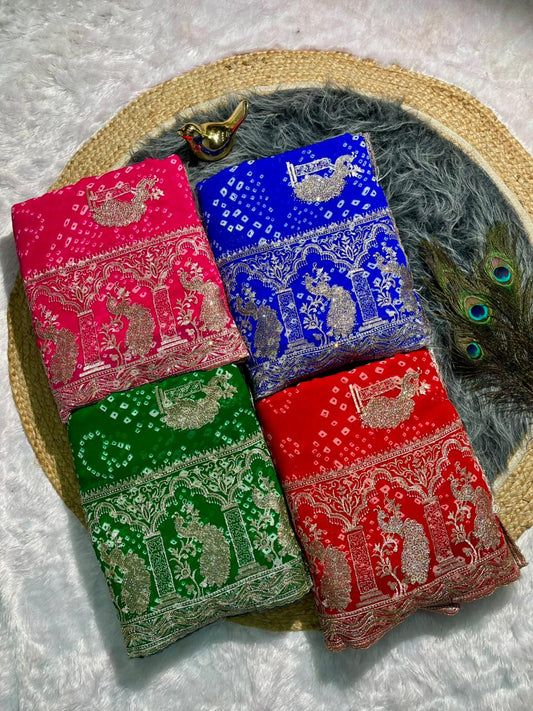 BS-GARIMA-2 BANDHANI FABRIC SAREE WITH BEAUTIFUL BANDANI DESIGN WITH EMBROIDERY WORK WITH HEAVY SIROSKI WORK WITH CONTRAST BLOUSE