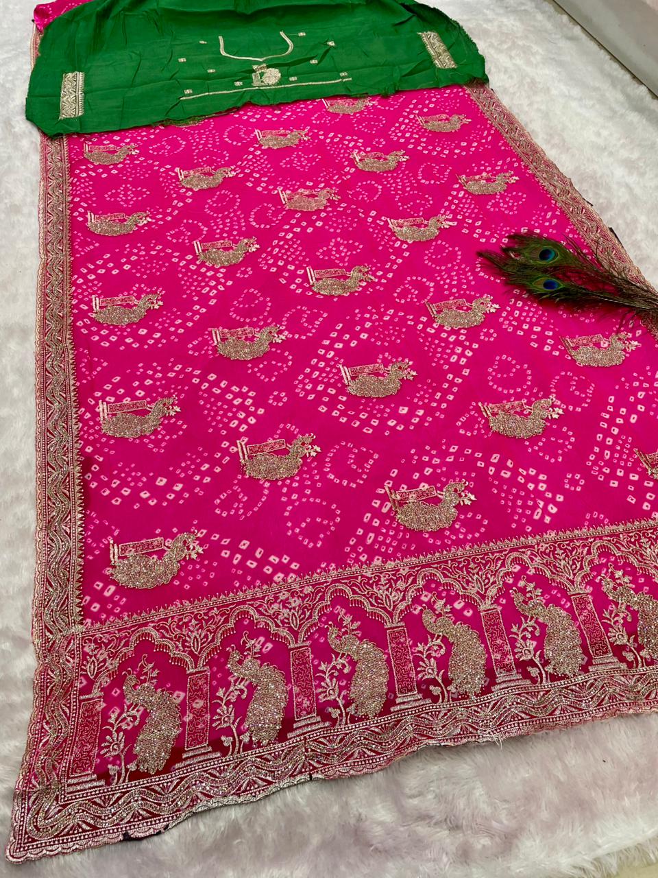 BS-GARIMA-2 BANDHANI FABRIC SAREE WITH BEAUTIFUL BANDANI DESIGN WITH EMBROIDERY WORK WITH HEAVY SIROSKI WORK WITH CONTRAST BLOUSE
