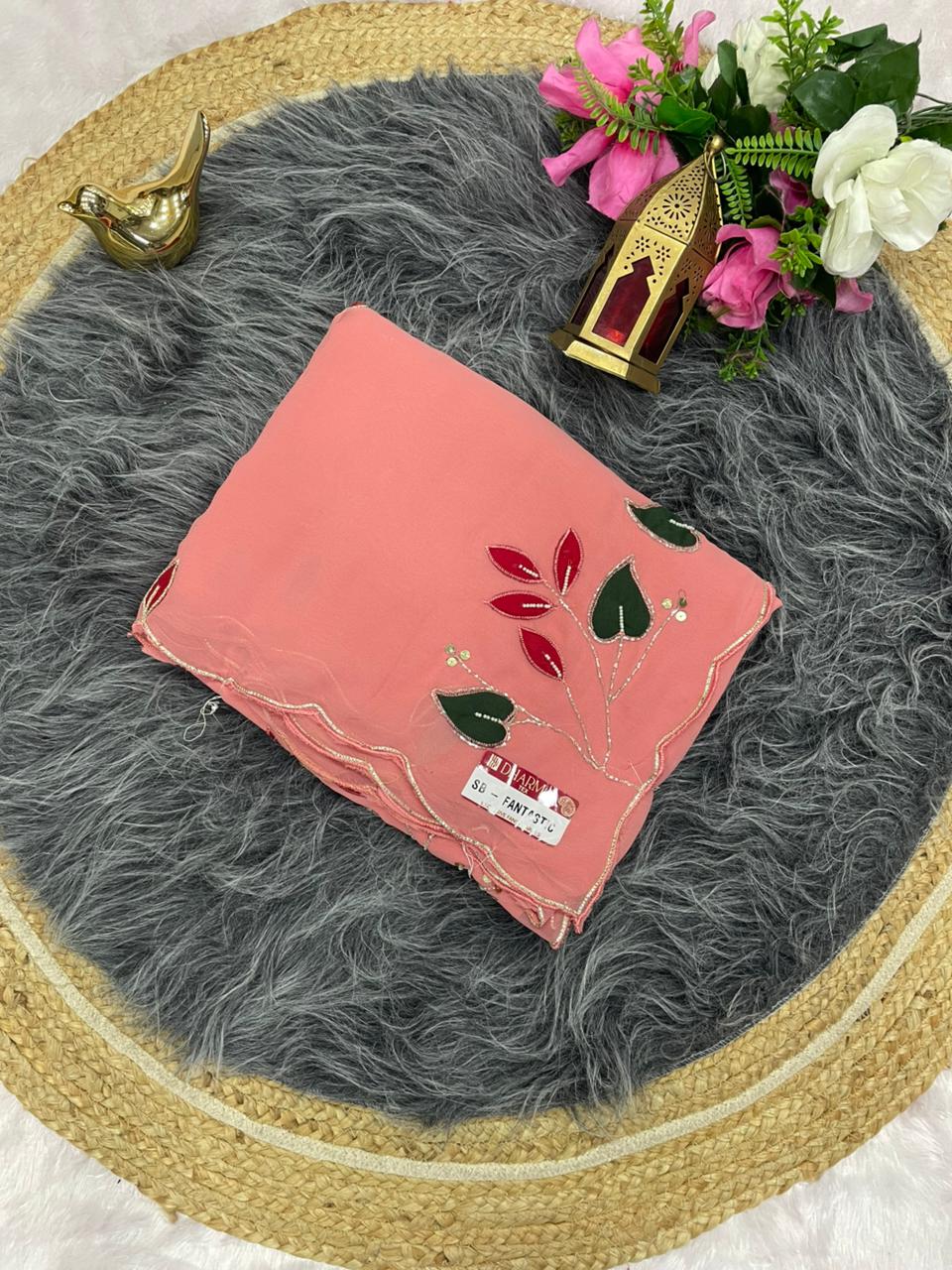 SB-FANTASTIC STAR GEORGETTE SAREE WITH BEAUTIFUL RIBBON WITH MIRROR WORK WITH BEAUTIFUL CUTWORK BORDER WITH WORK BLOUSE