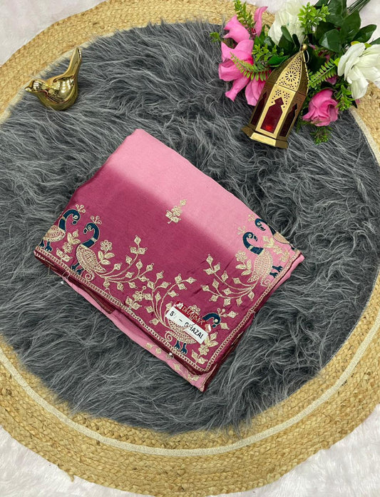 SB-GHAZAL SOFT FANCY FABRIC SAREE WITH SHADED COLOUR WITH BEAUTIFUL EMBROIDERY WORK WITH WORK BLOUSE
