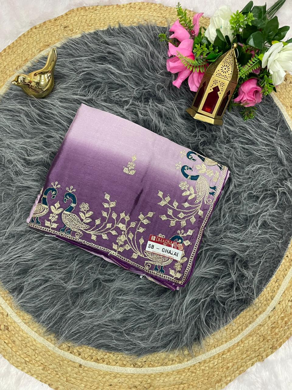 SB-GHAZAL SOFT FANCY FABRIC SAREE WITH SHADED COLOUR WITH BEAUTIFUL EMBROIDERY WORK WITH WORK BLOUSE