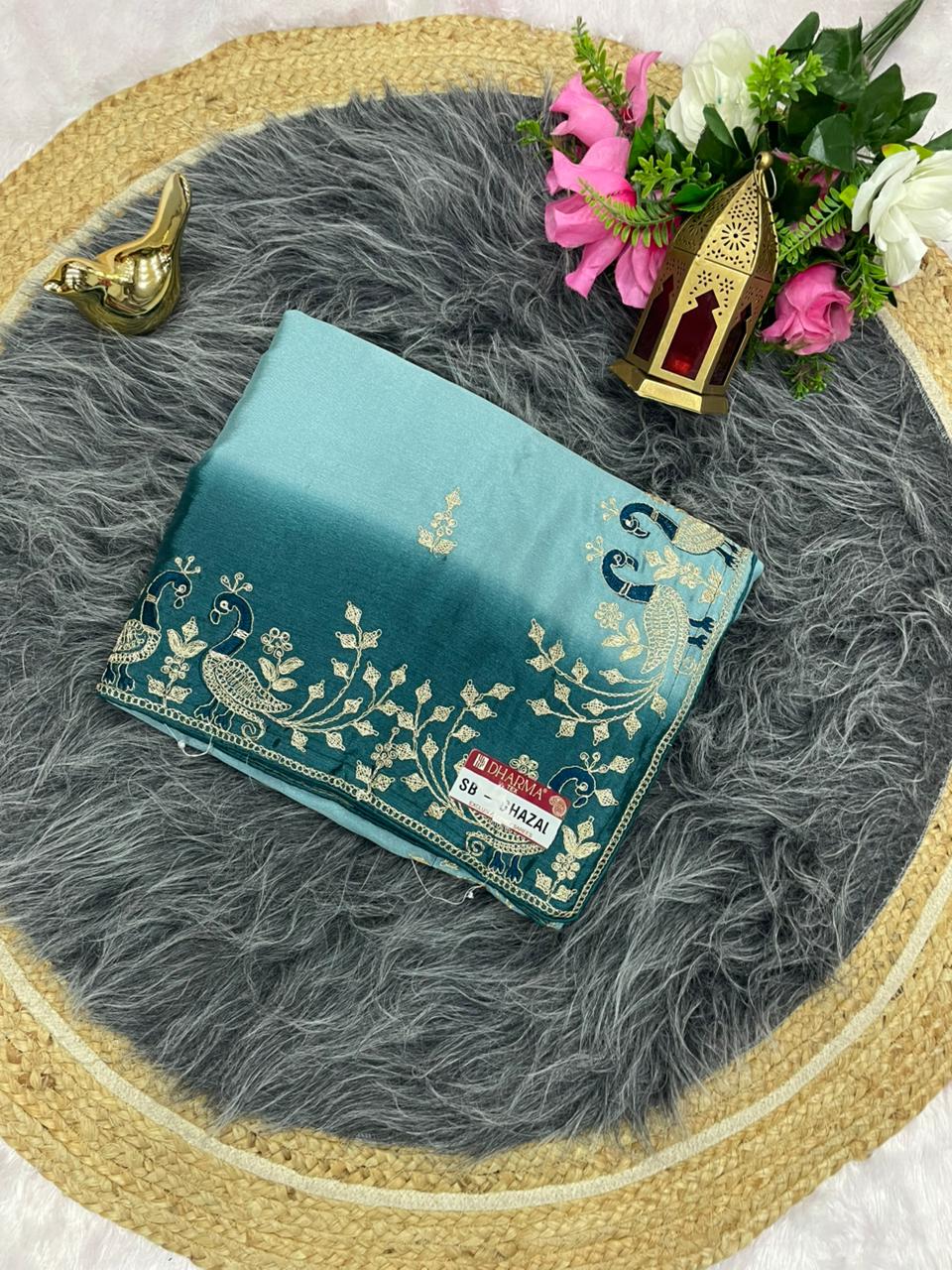 SB-GHAZAL SOFT FANCY FABRIC SAREE WITH SHADED COLOUR WITH BEAUTIFUL EMBROIDERY WORK WITH WORK BLOUSE