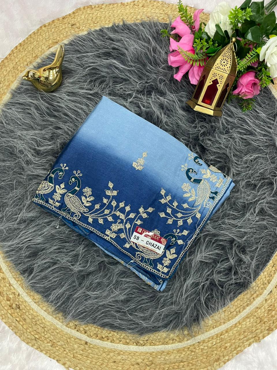 SB-GHAZAL SOFT FANCY FABRIC SAREE WITH SHADED COLOUR WITH BEAUTIFUL EMBROIDERY WORK WITH WORK BLOUSE
