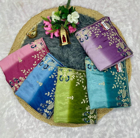 SB-GHAZAL SOFT FANCY FABRIC SAREE WITH SHADED COLOUR WITH BEAUTIFUL EMBROIDERY WORK WITH WORK BLOUSE