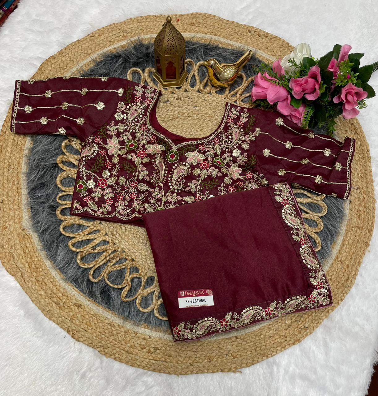 SF-FESTIVAL STAR GEORGETTE FABRIC SAREE WITH  EMBROIDERY WORK WITH SEQUENCE WORK WITH HEAVY EMBROIDERY STICHED BLOUSE