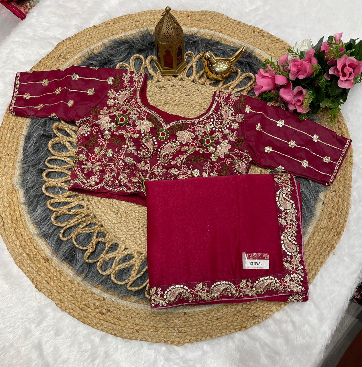 SF-FESTIVAL STAR GEORGETTE FABRIC SAREE WITH  EMBROIDERY WORK WITH SEQUENCE WORK WITH HEAVY EMBROIDERY STICHED BLOUSE