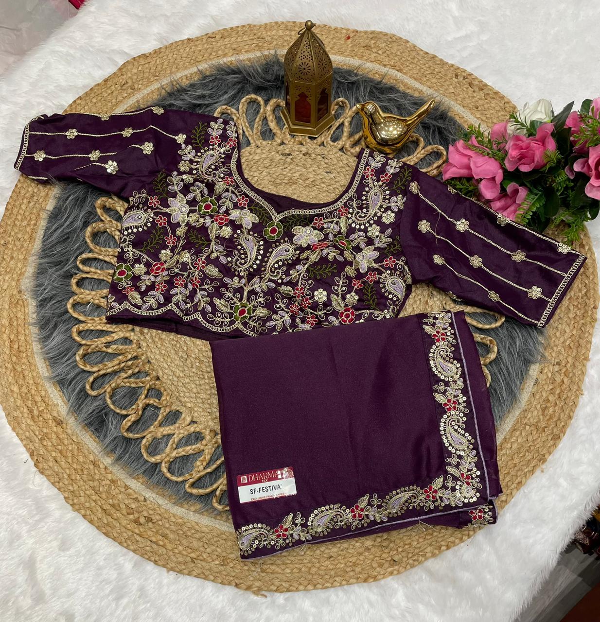 SF-FESTIVAL STAR GEORGETTE FABRIC SAREE WITH  EMBROIDERY WORK WITH SEQUENCE WORK WITH HEAVY EMBROIDERY STICHED BLOUSE