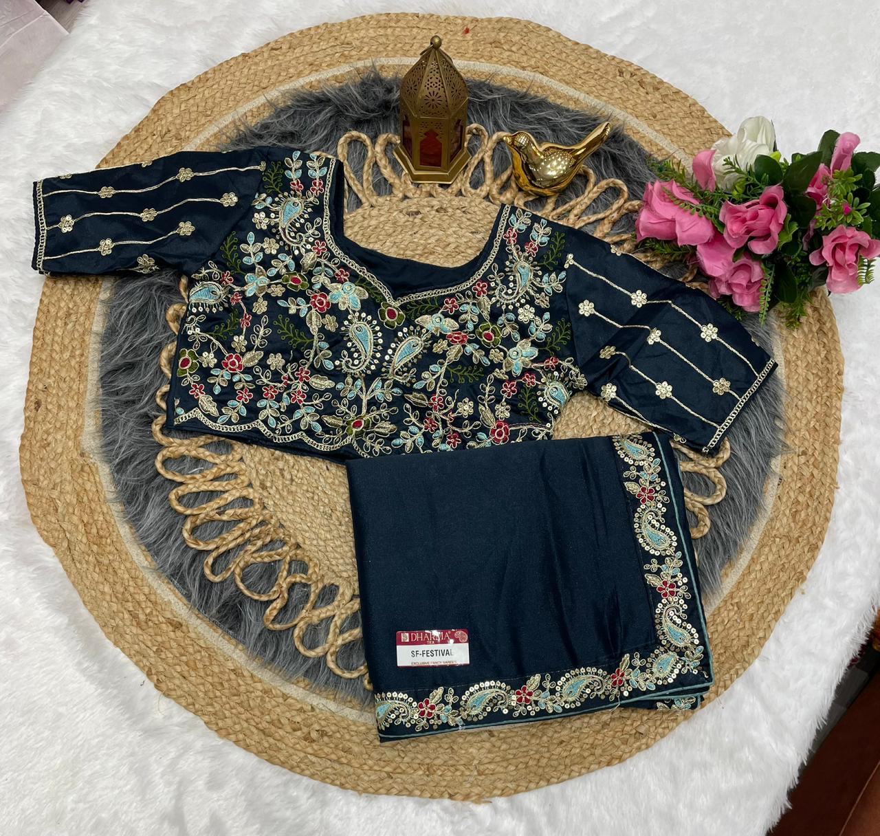 SF-FESTIVAL STAR GEORGETTE FABRIC SAREE WITH  EMBROIDERY WORK WITH SEQUENCE WORK WITH HEAVY EMBROIDERY STICHED BLOUSE