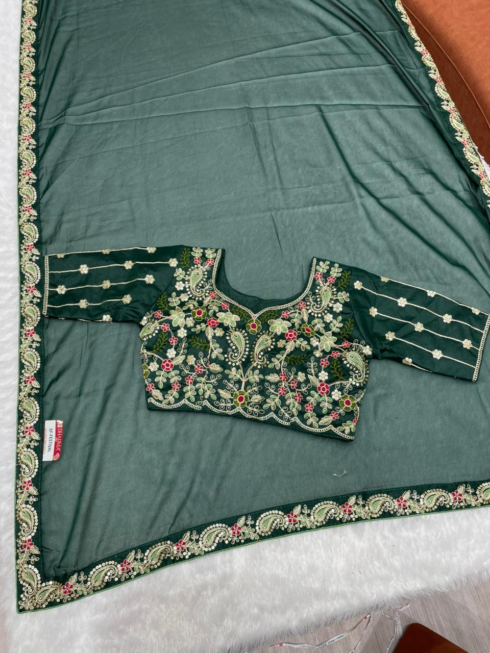 SF-FESTIVAL STAR GEORGETTE FABRIC SAREE WITH  EMBROIDERY WORK WITH SEQUENCE WORK WITH HEAVY EMBROIDERY STICHED BLOUSE