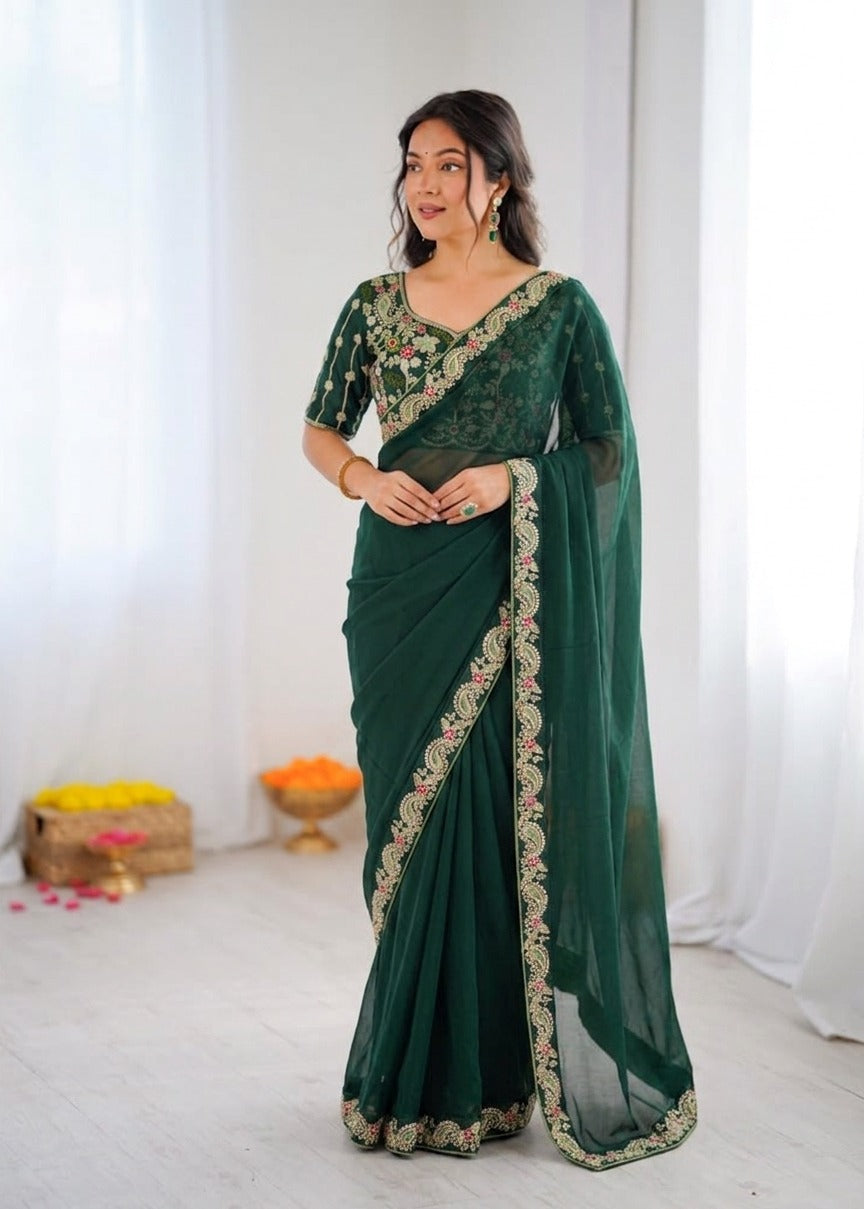 SF-FESTIVAL STAR GEORGETTE FABRIC SAREE WITH  EMBROIDERY WORK WITH SEQUENCE WORK WITH HEAVY EMBROIDERY STICHED BLOUSE