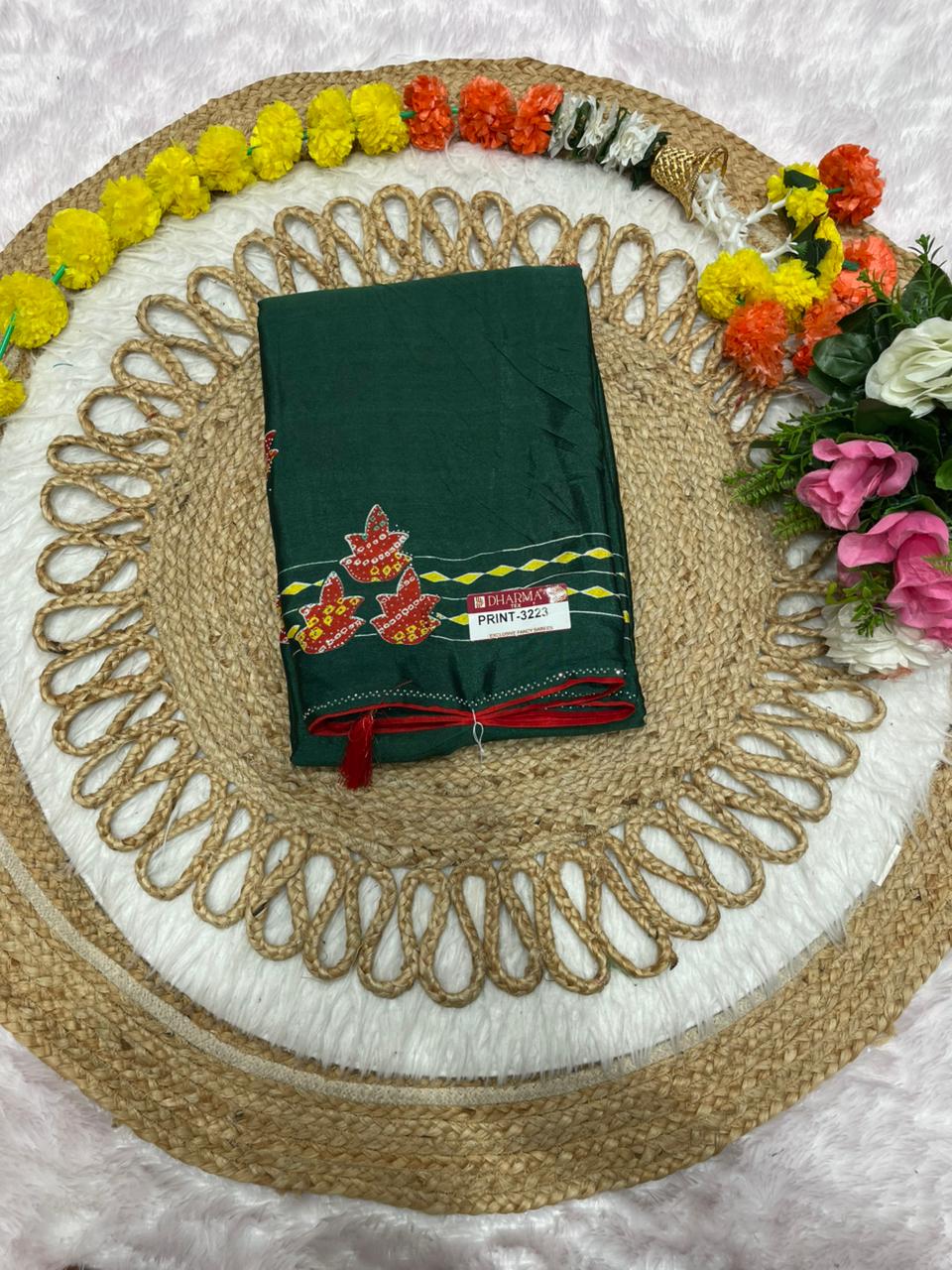 PRINT-3223 CHINON PRINTED FABRIC SAREE WITH BANDANI PRINT WITH SIROSKI BORDER WITH BLOUSE AND CONTRAST PIPING WITH LATKAN