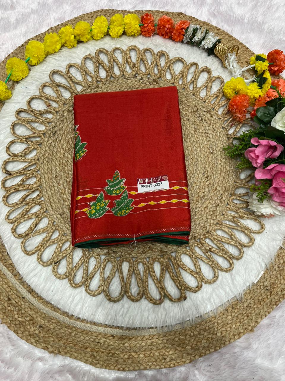 PRINT-3223 CHINON PRINTED FABRIC SAREE WITH BANDANI PRINT WITH SIROSKI BORDER WITH BLOUSE AND CONTRAST PIPING WITH LATKAN