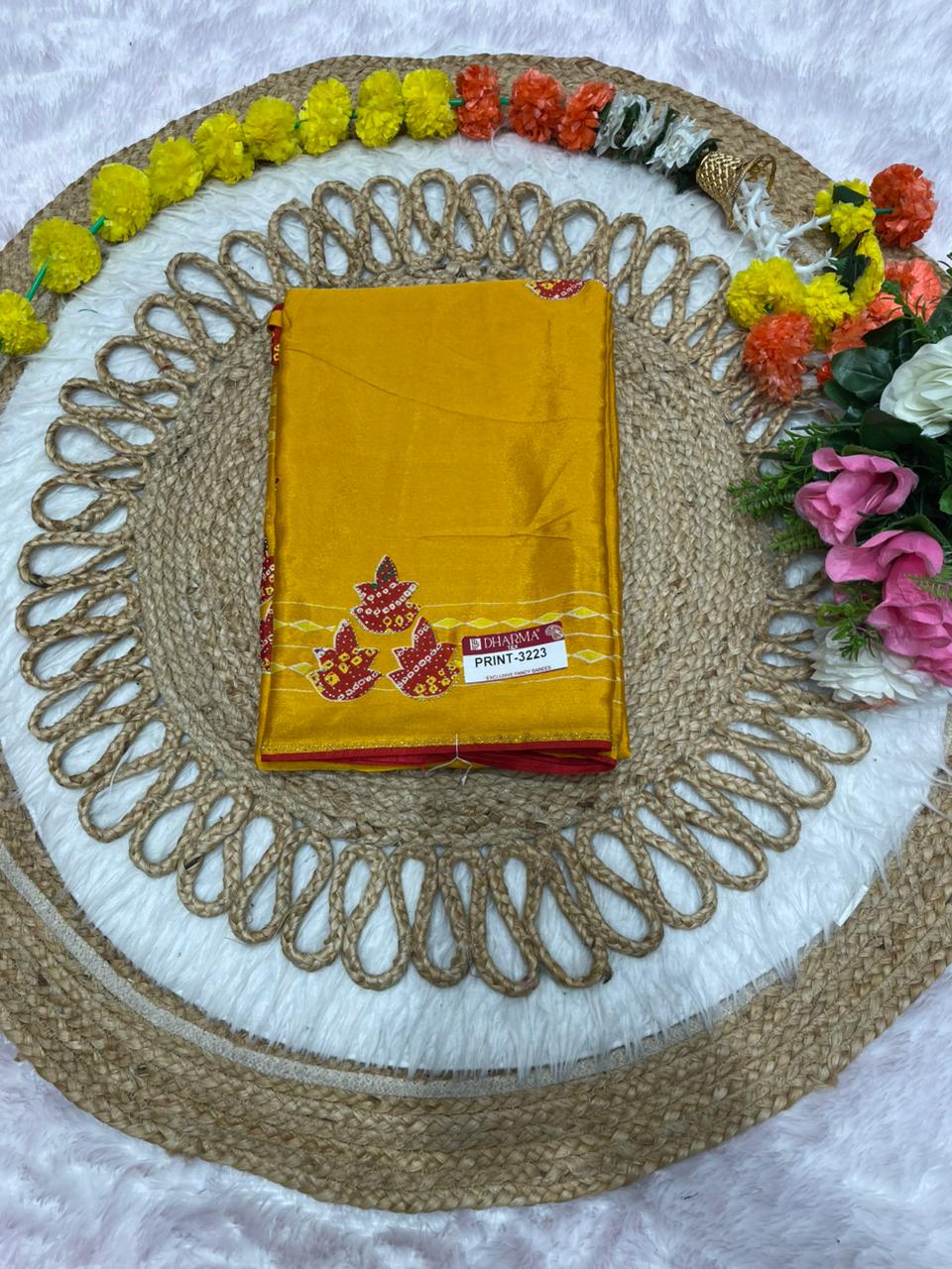 PRINT-3223 CHINON PRINTED FABRIC SAREE WITH BANDANI PRINT WITH SIROSKI BORDER WITH BLOUSE AND CONTRAST PIPING WITH LATKAN