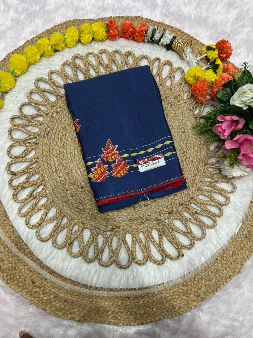 PRINT-3223 CHINON PRINTED FABRIC SAREE WITH BANDANI PRINT WITH SIROSKI BORDER WITH BLOUSE AND CONTRAST PIPING WITH LATKAN