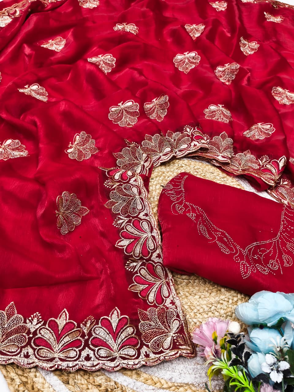 DF-VOLTAS FENDI CHIFFON FABRIC SAREE WITH HEAVY EMBROIDERY WORK WITH BEAUTIFUL FLOWER DESIGN ALL OVER SAREE WITH BEAUTIFUL BLOUSE