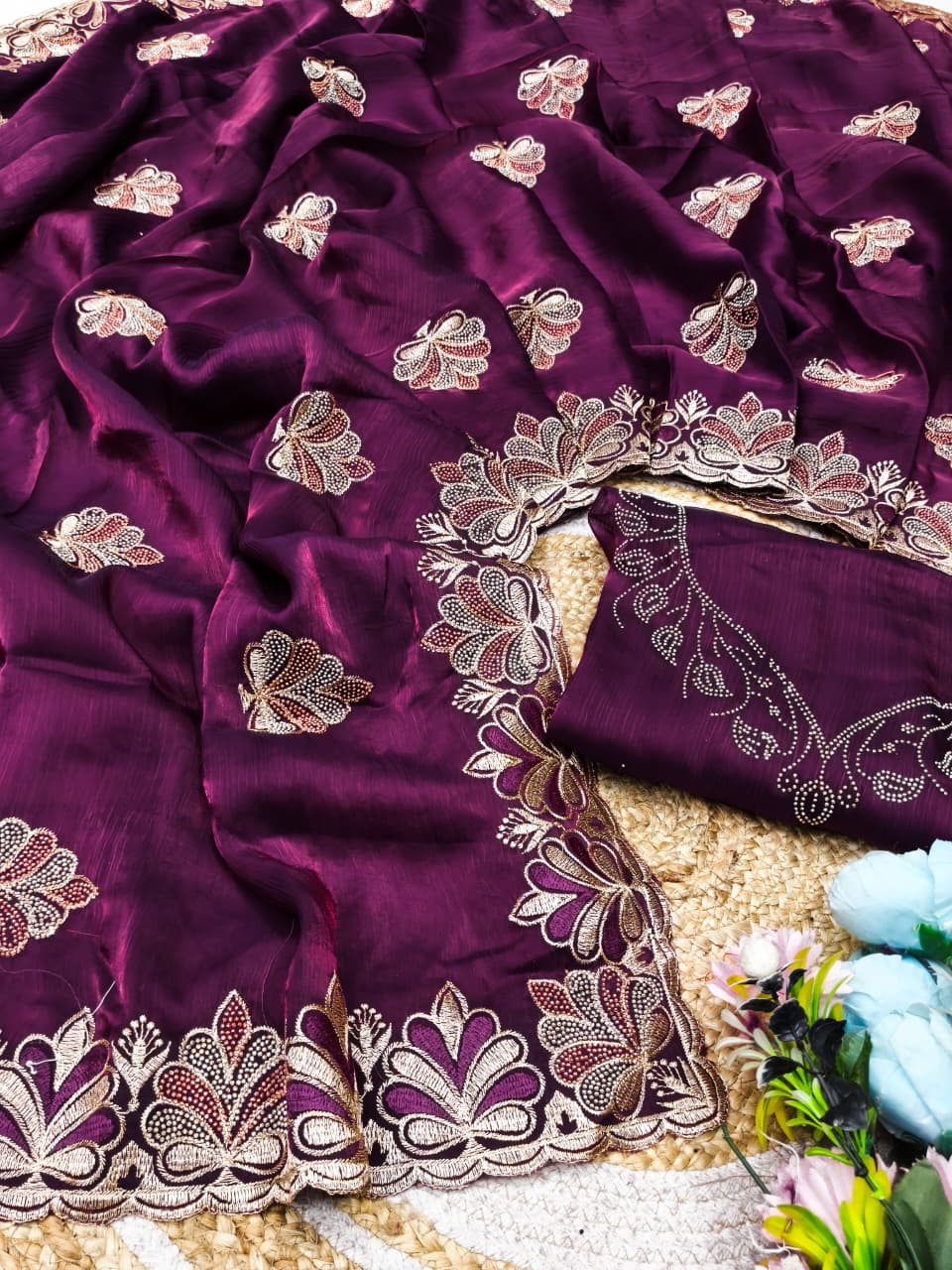 DF-VOLTAS FENDI CHIFFON FABRIC SAREE WITH HEAVY EMBROIDERY WORK WITH BEAUTIFUL FLOWER DESIGN ALL OVER SAREE WITH BEAUTIFUL BLOUSE