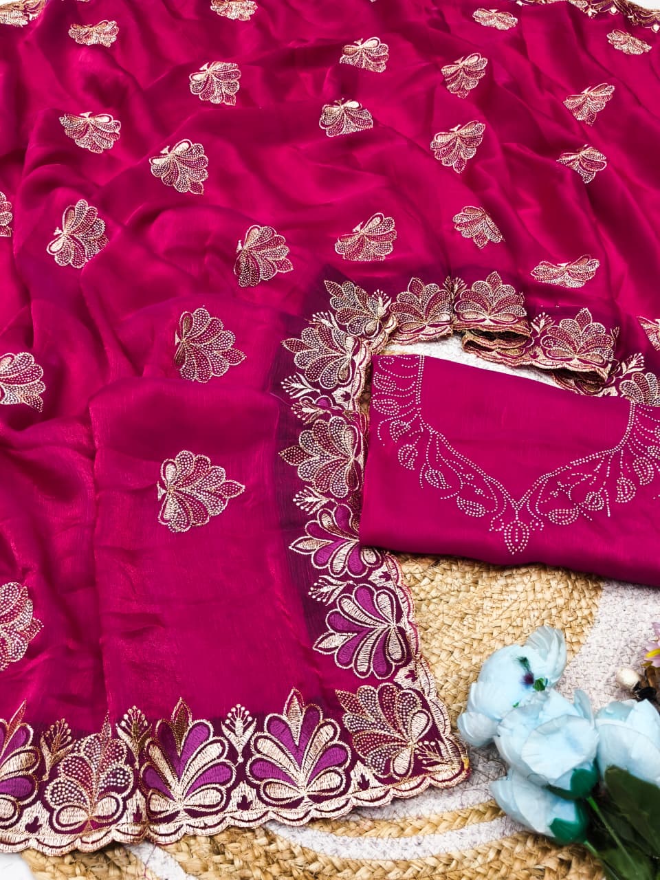 DF-VOLTAS FENDI CHIFFON FABRIC SAREE WITH HEAVY EMBROIDERY WORK WITH BEAUTIFUL FLOWER DESIGN ALL OVER SAREE WITH BEAUTIFUL BLOUSE