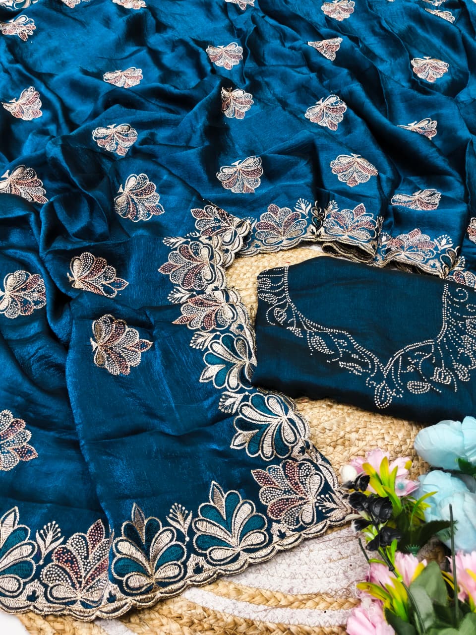 DF-VOLTAS FENDI CHIFFON FABRIC SAREE WITH HEAVY EMBROIDERY WORK WITH BEAUTIFUL FLOWER DESIGN ALL OVER SAREE WITH BEAUTIFUL BLOUSE