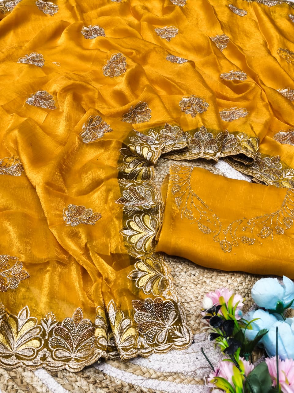 DF-VOLTAS FENDI CHIFFON FABRIC SAREE WITH HEAVY EMBROIDERY WORK WITH BEAUTIFUL FLOWER DESIGN ALL OVER SAREE WITH BEAUTIFUL BLOUSE