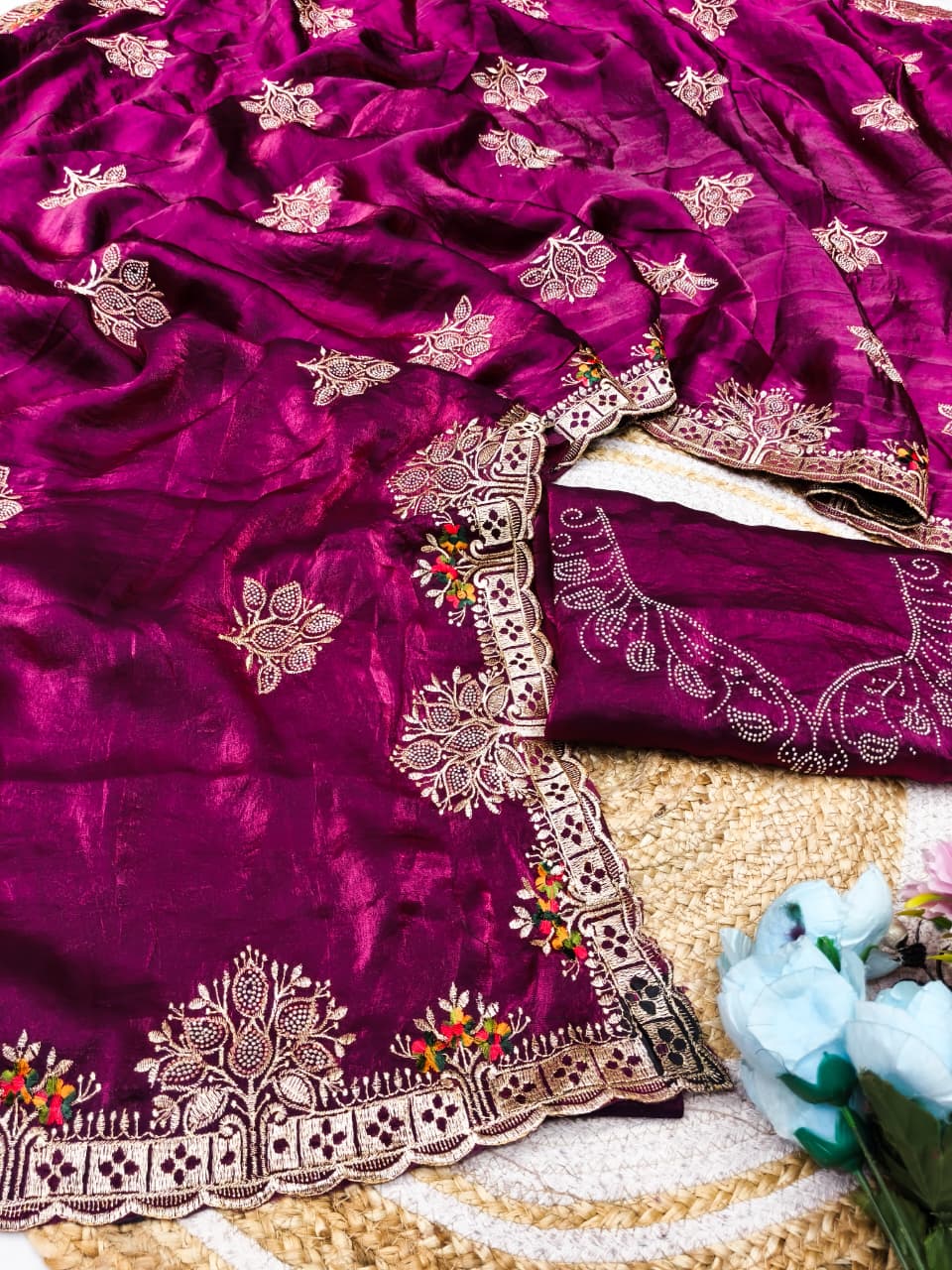 DF-SONY FENDI FABRIC SAREE WITH BEAUTIFUL EMBROIDERY WORK WITH SIROSKI WORK WITH BEAUTIFUL BLOUSE