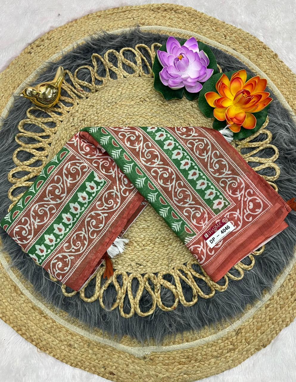 DP-4046  LINEN SAREE WITH LOVELY DIGITAL PRINT WITH BEAUTIFUL DESIGN AND TASSELS