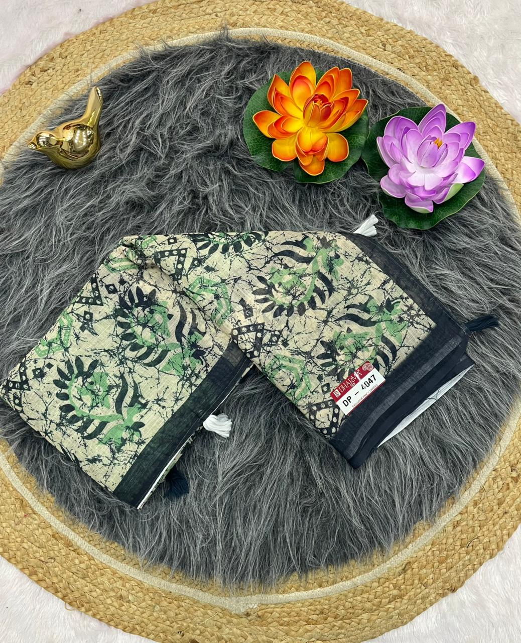 DP-4047  LINEN SAREE WITH LOVELY DEGITAL PRINT WITH BEAUTIFUL DESIGN AND TASSELS