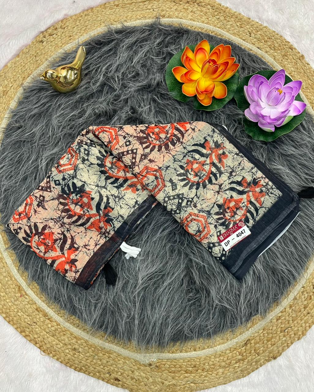 DP-4047  LINEN SAREE WITH LOVELY DEGITAL PRINT WITH BEAUTIFUL DESIGN AND TASSELS