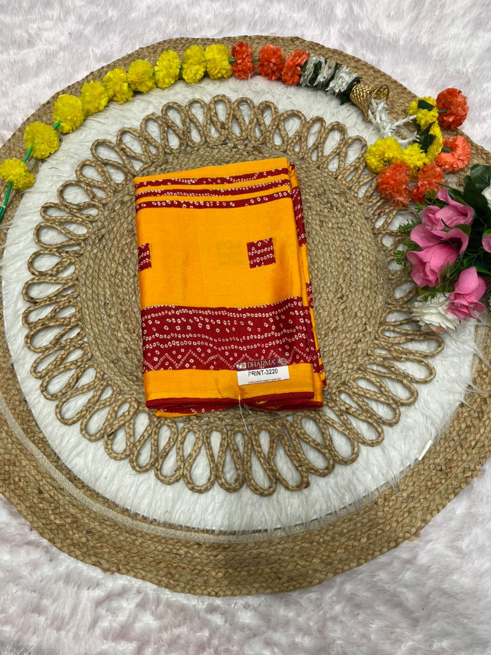 PRINT-3220 CHINON PRINTED FABRIC SAREE WITH BANDANI PRINT WITH BLOUSE AND CONTRAST PIPING WITH LATKAN