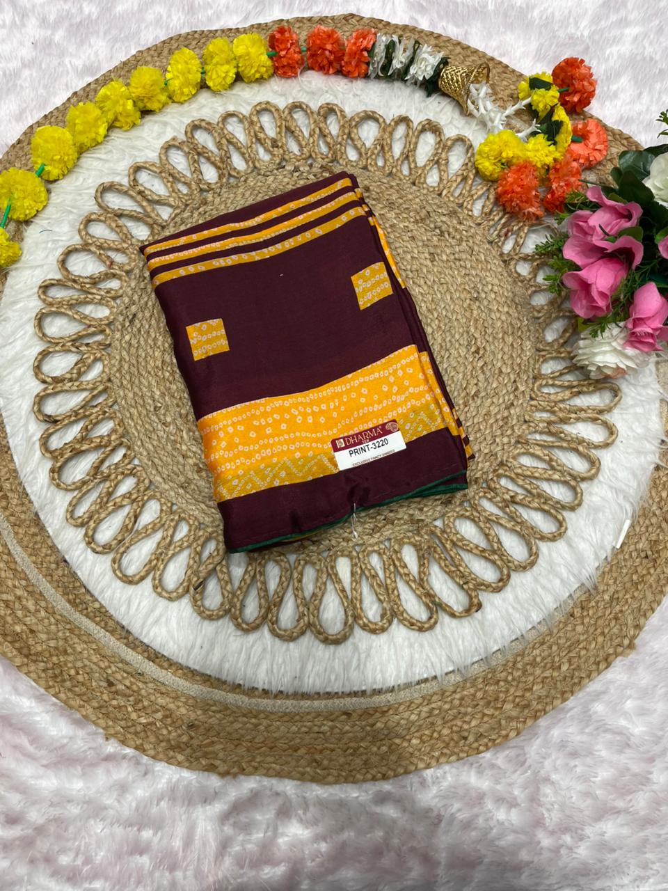 PRINT-3220 CHINON PRINTED FABRIC SAREE WITH BANDANI PRINT WITH BLOUSE AND CONTRAST PIPING WITH LATKAN