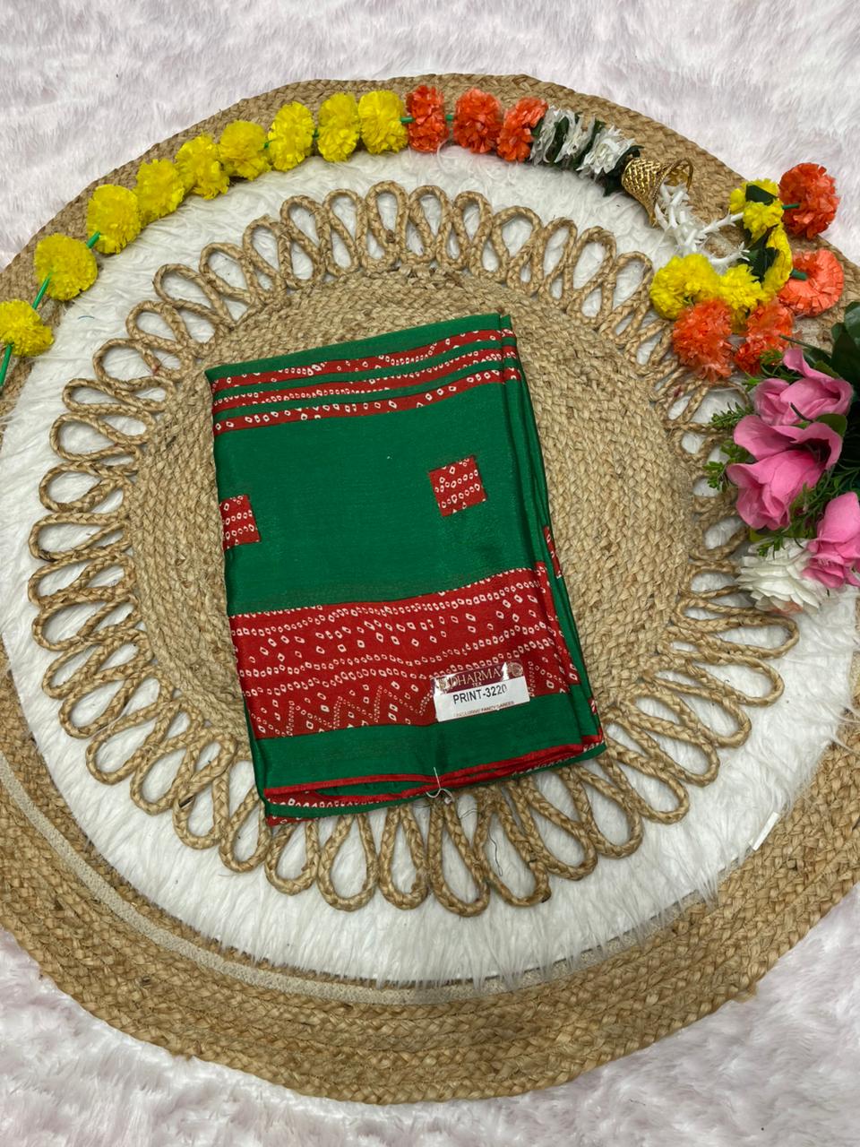 PRINT-3220 CHINON PRINTED FABRIC SAREE WITH BANDANI PRINT WITH BLOUSE AND CONTRAST PIPING WITH LATKAN