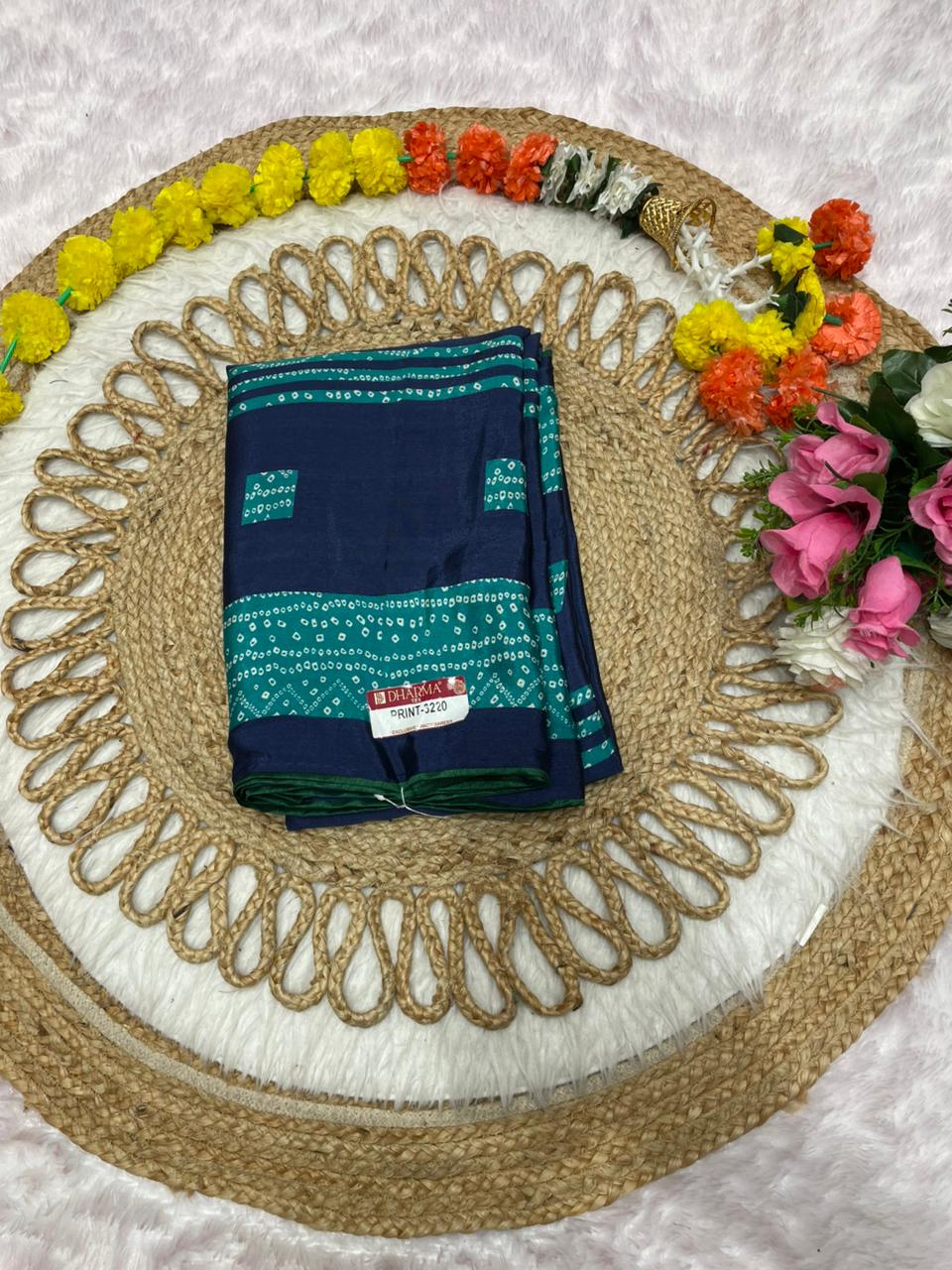 PRINT-3220 CHINON PRINTED FABRIC SAREE WITH BANDANI PRINT WITH BLOUSE AND CONTRAST PIPING WITH LATKAN