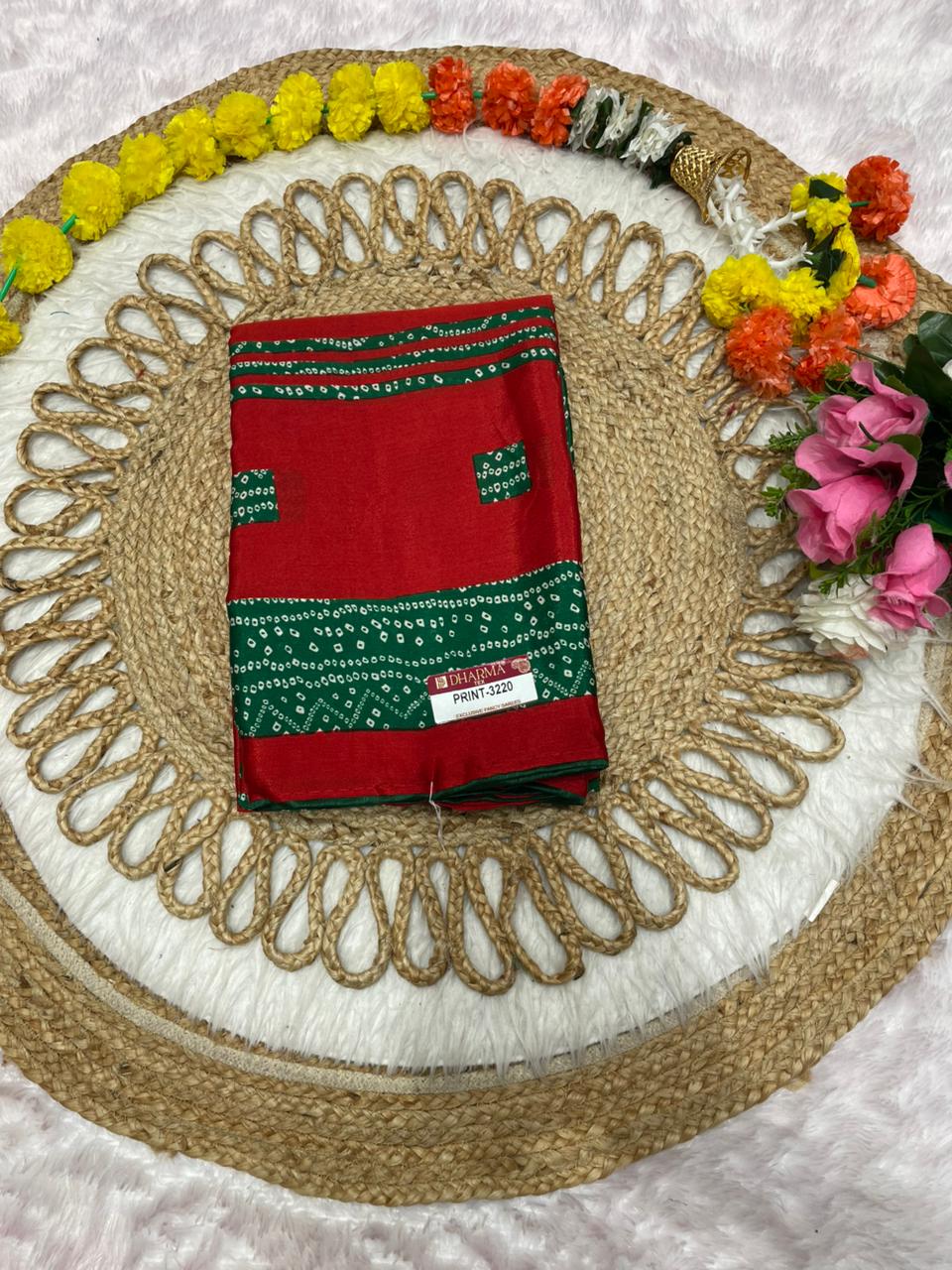 PRINT-3220 CHINON PRINTED FABRIC SAREE WITH BANDANI PRINT WITH BLOUSE AND CONTRAST PIPING WITH LATKAN