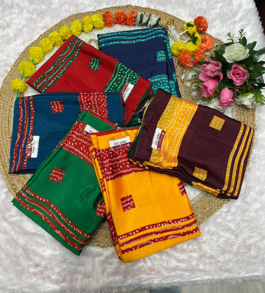 PRINT-3220 CHINON PRINTED FABRIC SAREE WITH BANDANI PRINT WITH BLOUSE AND CONTRAST PIPING WITH LATKAN