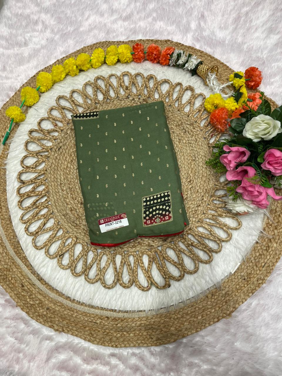 PRINT-3218 STAR GEORGETTE FABRIC SAREE WITH BANDANI DESIGN WITH RICH PALLU WITH FOIL WORK WITH BANDANI BLOUSE