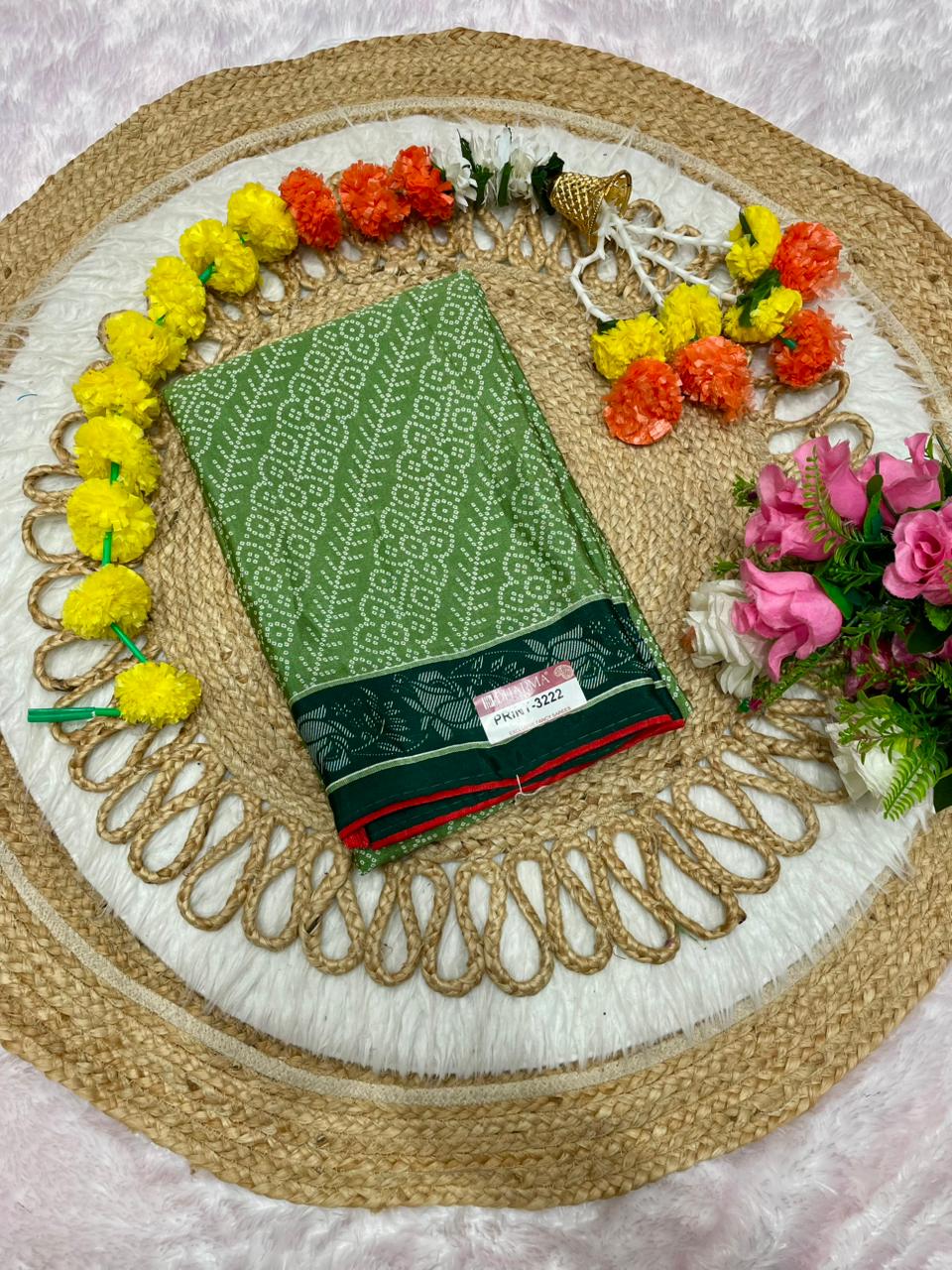 PRINT-3222 CHINON FABRIC SAREE WITH BEAUTIFUL PEACOCK DESIGN PRINT WITH PALLU WITH BANDANI DESIGN ON BODY WITH BLOUSE