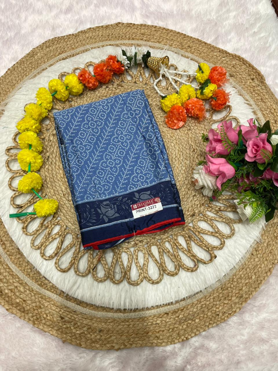 PRINT-3222 CHINON FABRIC SAREE WITH BEAUTIFUL PEACOCK DESIGN PRINT WITH PALLU WITH BANDANI DESIGN ON BODY WITH BLOUSE