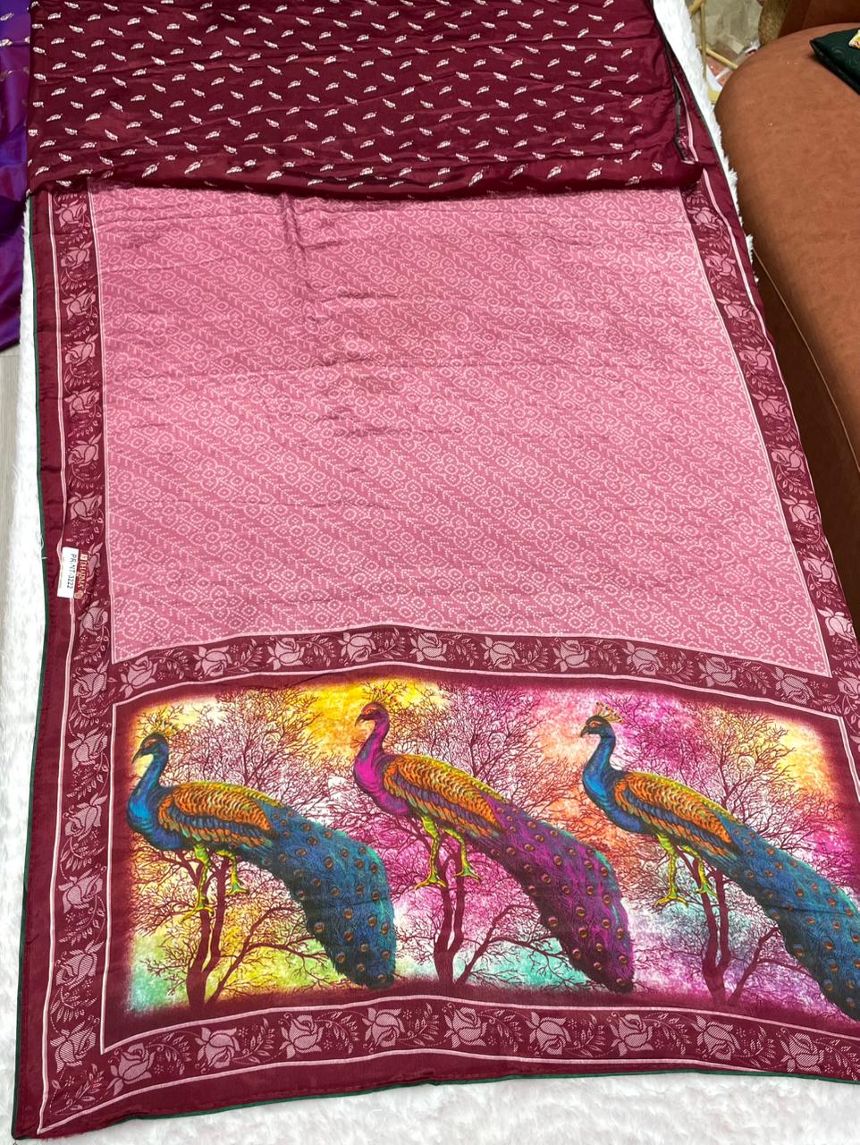 PRINT-3222 CHINON FABRIC SAREE WITH BEAUTIFUL PEACOCK DESIGN PRINT WITH PALLU WITH BANDANI DESIGN ON BODY WITH BLOUSE